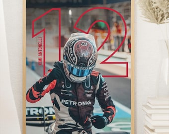 Pôster de Kimi Antonelli | Arte de parede de Fórmula 1 | Impressão da Mercedes F1 Racing | Decoração de automobilismo | Pôster de piloto de corrida