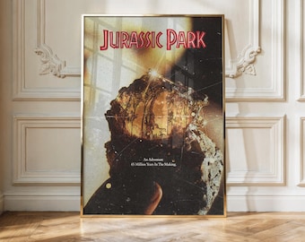 Pôster de Jurassic Park | Arte de parede com tema de filme de dinossauros | Impressão retrô de filme | Decoração de aventura com T-Rex | Pôster clássico de cinema