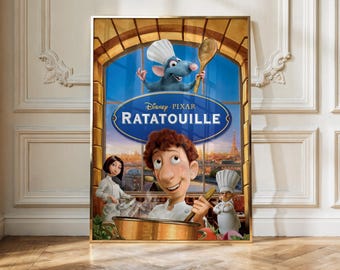 Pôster de Ratatouille | Arte de parede do filme da Pixar | Impressão fofa de rato chef | Decoração de cozinha parisiense | Pôster de filme de animação