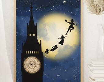 Pôster do Peter Pan | Arte de Parede da Terra do Nunca | Impressão de Conto de Fadas Fantástico | Decoração Vintage Inspirada na Disney | Pôster de História Mágica