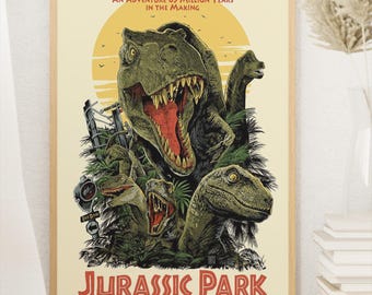 Pôster de Jurassic Park | Arte de parede com tema de filme de dinossauros | Impressão retrô de filme | Decoração com estética de T-Rex | Pôster clássico de cinema