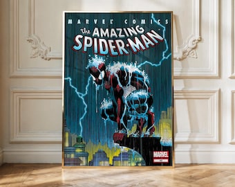 Pôster do Homem-Aranha em Quadrinhos | Arte de Parede Retrô da Marvel | Impressão Vintage de Super-Herói | Decoração de Quadrinhos | Pôster do Aranhaverso