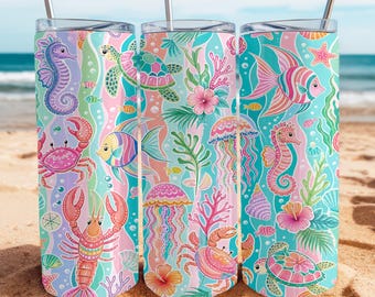 Preppy Sea Life Seamless Tumbler Wrap PNG, Küsten 20 Unzen Skinny Tumbler Design, Tropische Ozean Wrap, Strand, Seepferd Schildkröte Qualle Sublimation
