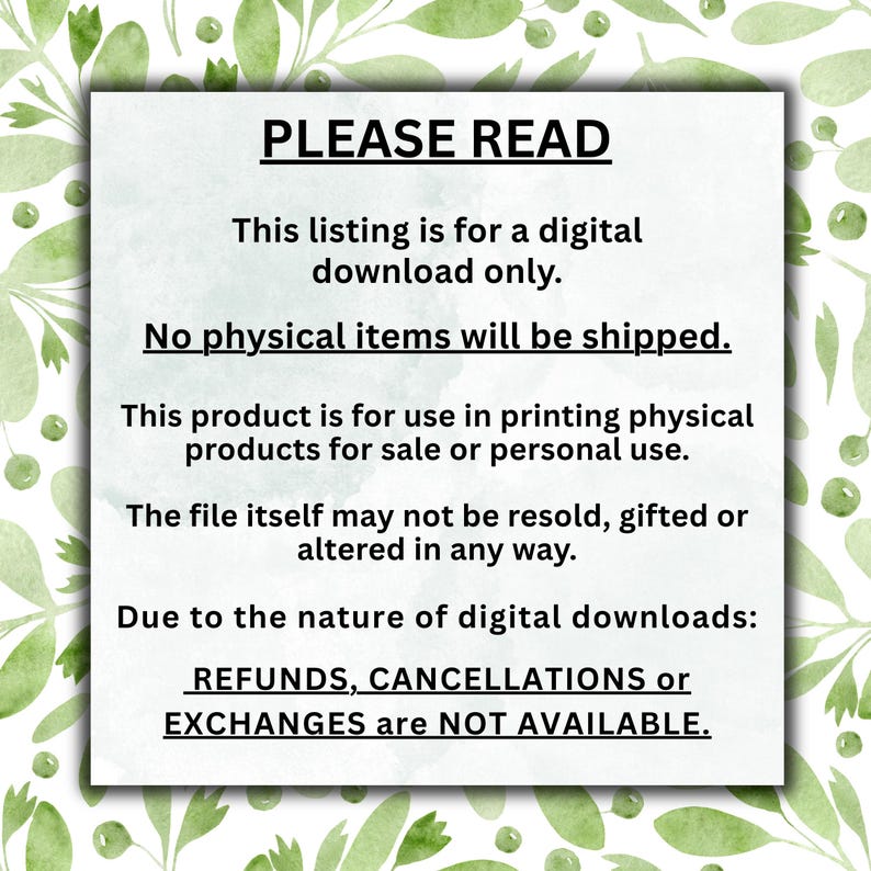 K&ouml;nnte beinhalten: Ein wei&szlig;es Quadrat mit dem Text "PLEASE READ" oben. Der Text erkl&auml;rt, dass das Angebot f&uuml;r einen digitalen Download gilt, ohne dass physische Artikel versendet werden. Es werden Nutzungsrechte aufgef&uuml;hrt und es wird angegeben, dass keine R&uuml;ckerstattungen, Stornierungen oder Umtausch m&ouml;glich sind.