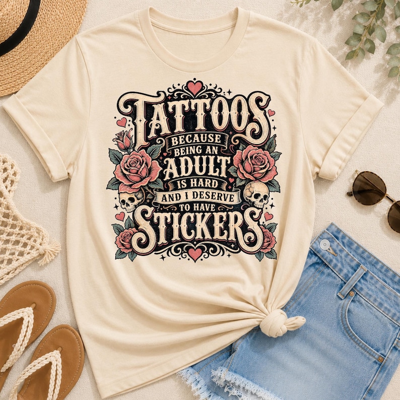 May include: Cream-colored t-shirt featuring the text "Tattoos because being an adult is hard and I deserve to have stickers." The design includes roses, skulls, and decorative flourishes in black, pink, and green.