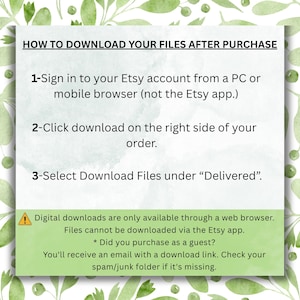 K&ouml;nnte beinhalten: Eine gr&uuml;n-wei&szlig;e Grafik mit Anweisungen zum Herunterladen von Dateien nach dem Kauf. Der Text enth&auml;lt Schritte f&uuml;r Etsy-Benutzer zum Herunterladen von Dateien von einem PC oder mobilen Browser, nicht &uuml;ber die Etsy-App.