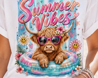 Highland Cow PNG, Summer Beach Cowgirl Sublimation Design (Digital Download)
