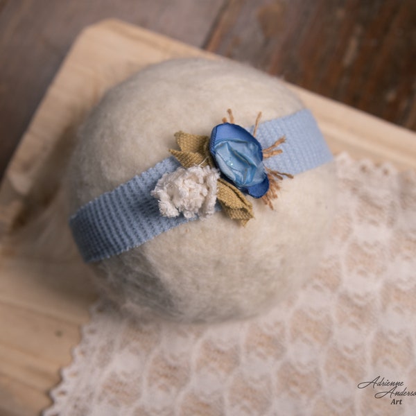 Beautiful baby blue flower floral newborn to adult tieback headband photography prop