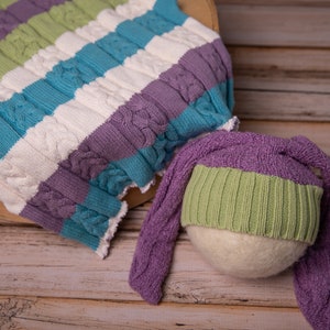 Newborn bunny hat and blanket layer photography prop Easter set, Baby girl photo prop, Rabbit hat