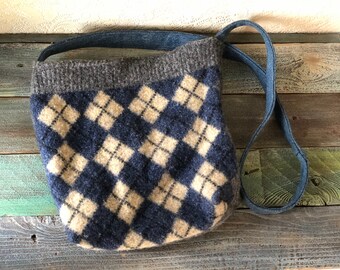 Wool Purse Handbag Upcycled Tote with Reclaimed Denim Strap Argyle Pattern Sweater Crossbody Bag Shoulder