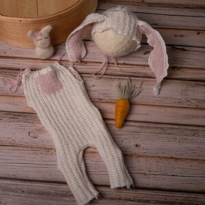 Newborn overall romper and bonnet with needlefelted bunny and carrot
