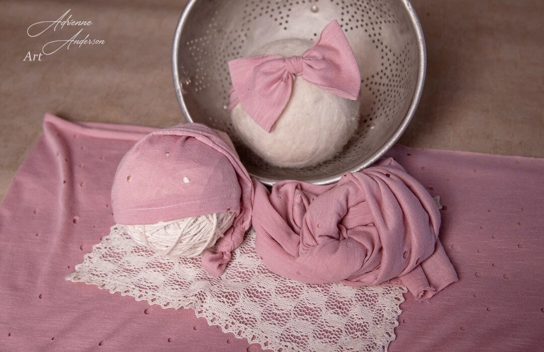 Pink Blush Holey Stretchy Wrap, Sleepy Cap Hat and Oversized Bow