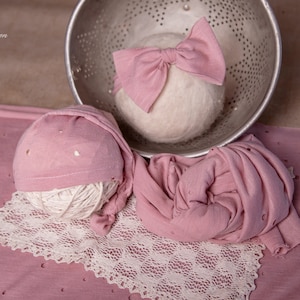 Pink Blush Holey Stretchy Wrap, Sleepy Cap Hat and Oversized Bow Headband Newborn Photography Prop Set, Baby Girl Wrap Set