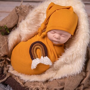 Stretchy Wrap, Sleepy Cap Neutral Macrame Rainbow Cuddler Newborn Photography Prop Set, Baby Girl Boy Wrap Set