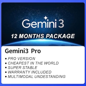 Puede incluir: Gráfico digital con las palabras "Gemini 3" y "12 MONTHS PACKAGE" en texto blanco sobre un fondo azul oscuro. Debajo, un cuadro blanco enumera "Gemini3 Pro" y características como "PRO VERSION" y "SUPER STABLE".