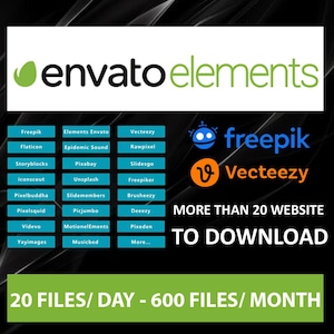 Puede incluir: Gráfico promocional para Envato Elements, con logotipos de Freepik y Vecteezy. La imagen enumera más de 20 sitios web para descargas, con un límite diario de 20 archivos y un límite mensual de 600 archivos. El fondo es negro.
