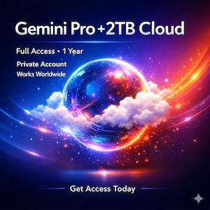 Puede incluir: Gráfico digital artístico con el texto "Gemini Pro +2TB Cloud". La imagen presenta una esfera azul y roja brillante rodeada de nubes y rayos de luz. El texto adicional incluye "Full Access - 1 Year", "Private Account", "Works Worldwide" y "Get Access Today".