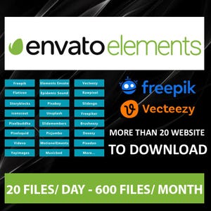 May include: A promotional graphic for Envato Elements, featuring logos of Freepik and Vecteezy. The image lists over 20 websites for downloads, with a daily limit of 20 files and a monthly limit of 600 files. The background is black.