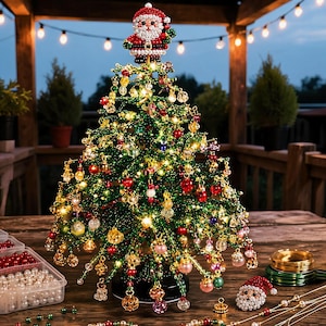 May include: A decorative Christmas tree crafted from green beads, adorned with various colorful hanging bead ornaments and integrated warm lights. A beaded Santa Claus figure sits at the top, with a matching Santa head piece on the table.