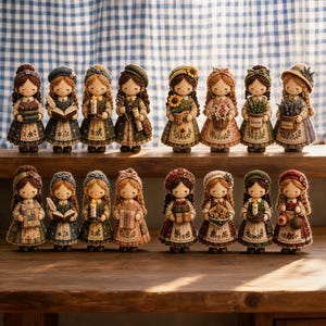 Puede incluir: Una colección de dieciséis pequeñas y detalladas figuras de niñas con el cabello trenzado, que llevan vestidos y sombreros estampados. Cada figura sostiene un objeto único como libros, velas, flores o regalos sobre una superficie.