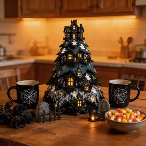 Op de afbeelding: Een conische Halloween-tafeldecoratie bestaande uit een donkere stoffen boom met prints van geesten, spookhuizen en spinnenwebben, van binnenuit verlicht. Geflankeerd door twee zwarte mokken met witte spinnenwebprints, zwarte rozen en een schaal snoep.