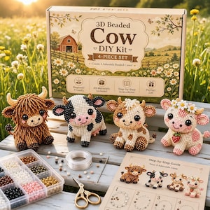 May include: A 3D beaded cow DIY kit box with four finished beaded cow figurines in front. The kit includes a clear plastic bead organizer, a spool of clear string, a pair of gold scissors, and a printed step-by-step guide for the four cows.
