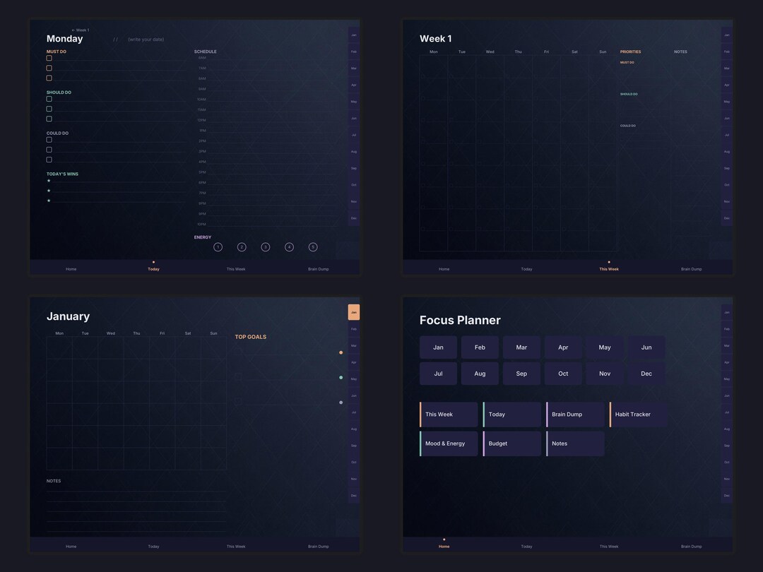 ADHD Digital Planner, Dark Mode Hyperlinked PDF Planner for Goodnotes ...
