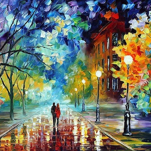 May include: An impressionistic painting of a couple walking down a wet street at night. The artwork features vibrant colors, including blues, oranges, and yellows, with streetlights illuminating the scene. The style is reminiscent of a textured oil painting.