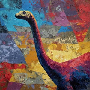 May include: An abstract painting of a dinosaur with a long neck, rendered in vibrant colors. The dinosaur's body transitions from red to blue, set against a background of geometric shapes in yellow, blue, and red. The artwork has a textured, impasto style.
