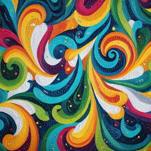 May include: Abstract painting with a textured, swirling design. The artwork features vibrant colors including yellow, orange, teal, white, green, and pink against a dark blue background. The composition is dynamic and full of movement.