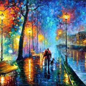 May include: An impressionistic painting of a couple walking a dog on a wet, cobblestone street at night. The scene is illuminated by ornate street lamps and the warm glow of buildings. The color palette includes vibrant blues, oranges, and yellows.
