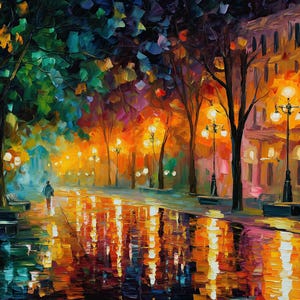 Puede incluir: Pintura impresionista de una calle de la ciudad por la noche. Una persona camina sobre una superficie mojada y reflectante, iluminada por farolas. La obra utiliza colores vibrantes, con un enfoque en tonos naranja, amarillo y azul.