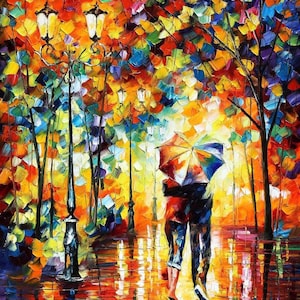 Puede incluir: Pintura impresionista de una pareja bajo un paraguas colorido caminando por una calle de noche. La obra presenta vibrantes pinceladas en tonos rojos, naranjas, amarillos y azules, con farolas y reflejos.