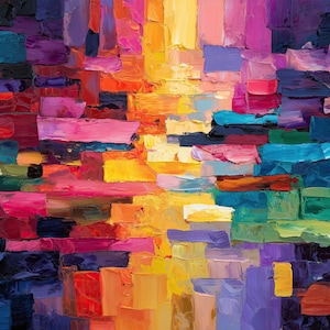 May include: Abstract oil painting with a vibrant palette of colors. The artwork features thick brushstrokes in shades of blue, purple, pink, orange, and yellow, creating a textured, block-like composition. The painting has a warm, energetic feel.