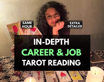May include: An image featuring a woman holding tarot cards, with text overlayed that reads "IN-DEPTH CAREER & JOB TAROT READING." Additional text indicates "SAME HOUR" and "EXTRA DETAILED." The scene includes lit candles and a decorative table setting.