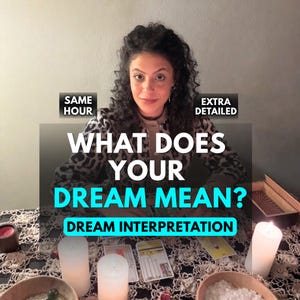 May include: A person with curly dark hair wearing a leopard print sweater sits behind a table with tarot cards, white candles, and bowls. Text overlays read: SAME HOUR, EXTRA DETAILED, WHAT DOES YOUR DREAM MEAN?, and DREAM INTERPRETATION.