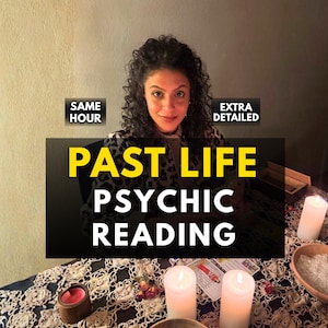 May include: An image featuring a woman with curly hair, a leopard print jacket, and the text "PAST LIFE PSYCHIC READING" in yellow and white. The scene includes lit candles, tarot cards, and the text "SAME HOUR" and "EXTRA DETAILED".