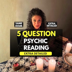 Spiritual Etsy listing cover for a same hour 5 question psychic reading focused on accurate love insight, psychic medium guidance, clairvoyant messages, future predictions, and personalized answers for love, career, and general life direction.