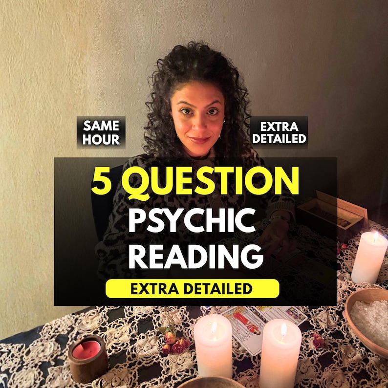 Spiritual Etsy listing cover for a same hour 5 question psychic reading focused on accurate love insight, psychic medium guidance, clairvoyant messages, future predictions, and personalized answers for love, career, and general life direction.