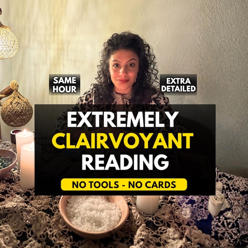 Spiritual Etsy listing cover for an extremely clairvoyant reading with no tools and no cards, offering same hour psychic insight, blind reading energy, spiritual guidance, and direct intuitive messages for love, career, or life path clarity.