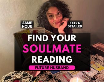 May include: An image featuring a woman with curly hair smiling, holding tarot cards. The text on the image reads "Find Your Soulmate Reading" and "Future Husband". A lit candle and other tarot cards are on the table.