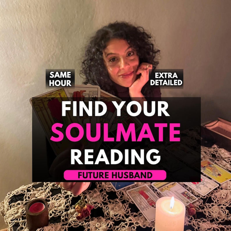 May include: An image featuring a woman with curly hair smiling, holding tarot cards. The text on the image reads "Find Your Soulmate Reading" and "Future Husband". A lit candle and other tarot cards are on the table.