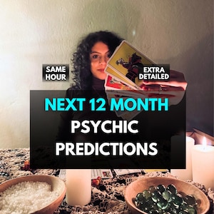 May include: A woman holding tarot cards with the text "NEXT 12 MONTH PSYCHIC PREDICTIONS." The image includes bowls with salt and green glass beads, lit candles, and the words "SAME HOUR" and "EXTRA DETAILED."