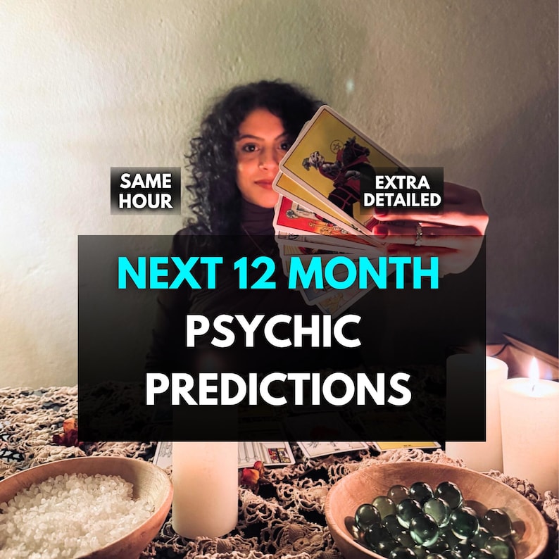 Spiritual Etsy listing cover for a next 12 months psychic predictions reading with month by month insight for love, relationships, career, life guidance, future patterns, and year ahead clarity.