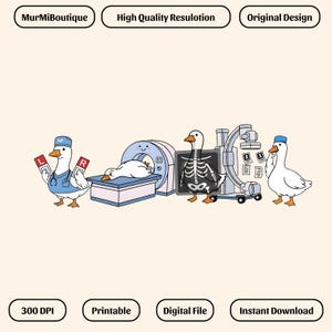 May include: A humorous illustration of geese in a medical environment. One goose is dressed as a doctor, holding "L" and "R" signs. Another is in an MRI scanner, and a third has an X-ray, all in a cartoon style.
