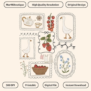 May include: A digital illustration featuring various framed images with a vintage aesthetic. The images include a teapot, goose, strawberries, tomatoes, and flowers. Text includes "MurMiBoutique", "High Quality Resolution", "Original Design", "300 DPI", "Printable", "Digital File", and "Instant Download".