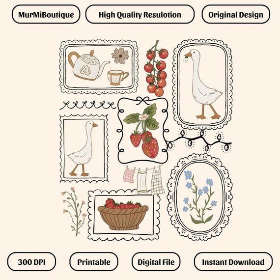 Cottagecore Goose Strawberry PNG, Vintage Farm Clipart PNG, Floral Tea Set PNG, Cute Rustic Frames png (Digital Download)