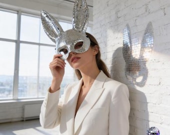 Disco Ball Bunny Mask,Mirror Mosaic Rabbit Mask Halloween Masquerade Party Rave Festival Costume