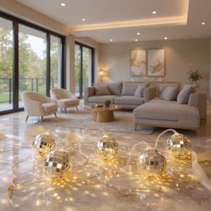 May include: A string of decorative lights featuring five spherical disco ball ornaments with reflective mirrored surfaces. The clear wire connects each orb, which emits a warm glow, creating a festive lighting effect on the surface.