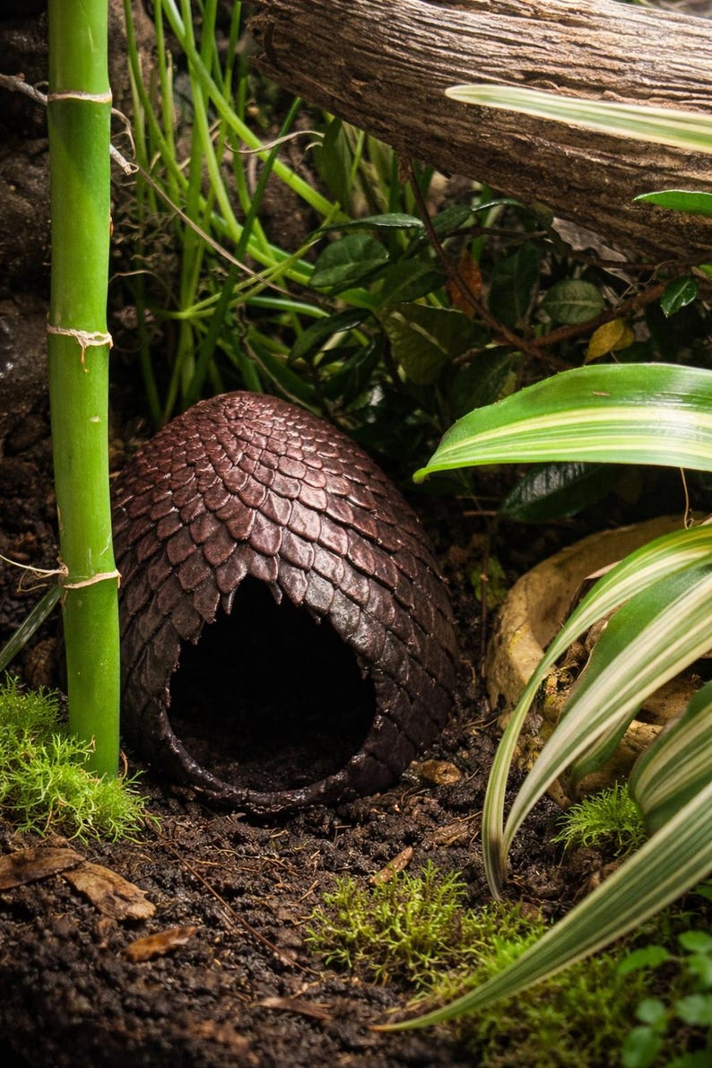 Op de afbeelding: Een donkerbruine, eivormige schuilplaats voor reptielen met een textuur van schubben en een enkele ronde opening aan de voorzijde. De holle structuur is ontworpen om een beschutte ruimte te bieden aan kleine dieren.